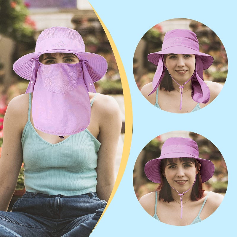 Outrip Fishing Hat for Men & Women, Outdoor UV Sun Protection Wide Brim Hat with Face Cover & Neck Flap Purple - Image 2